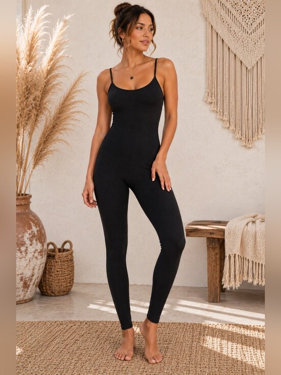 unbranded Other - 🌟 Ribbed Black Full-Length Jumpsuit Bodysuit | Athleisure One Piece | Size Larg